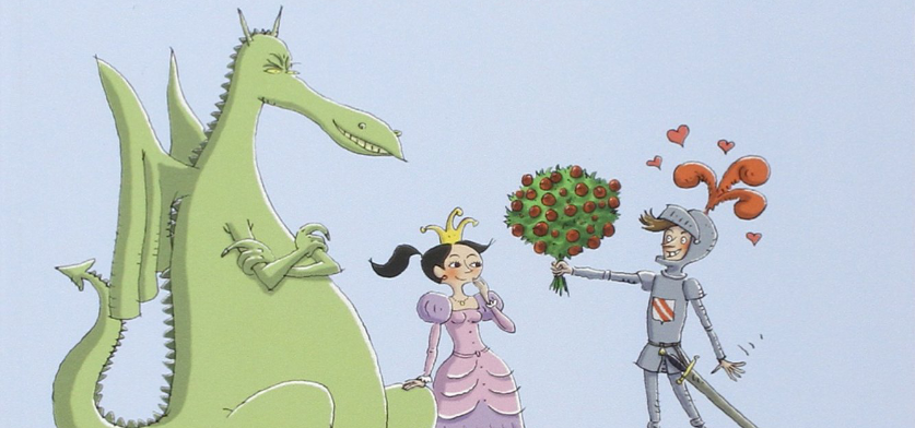 Illustration d'une princesse, d'un dragon et d'un chevalier